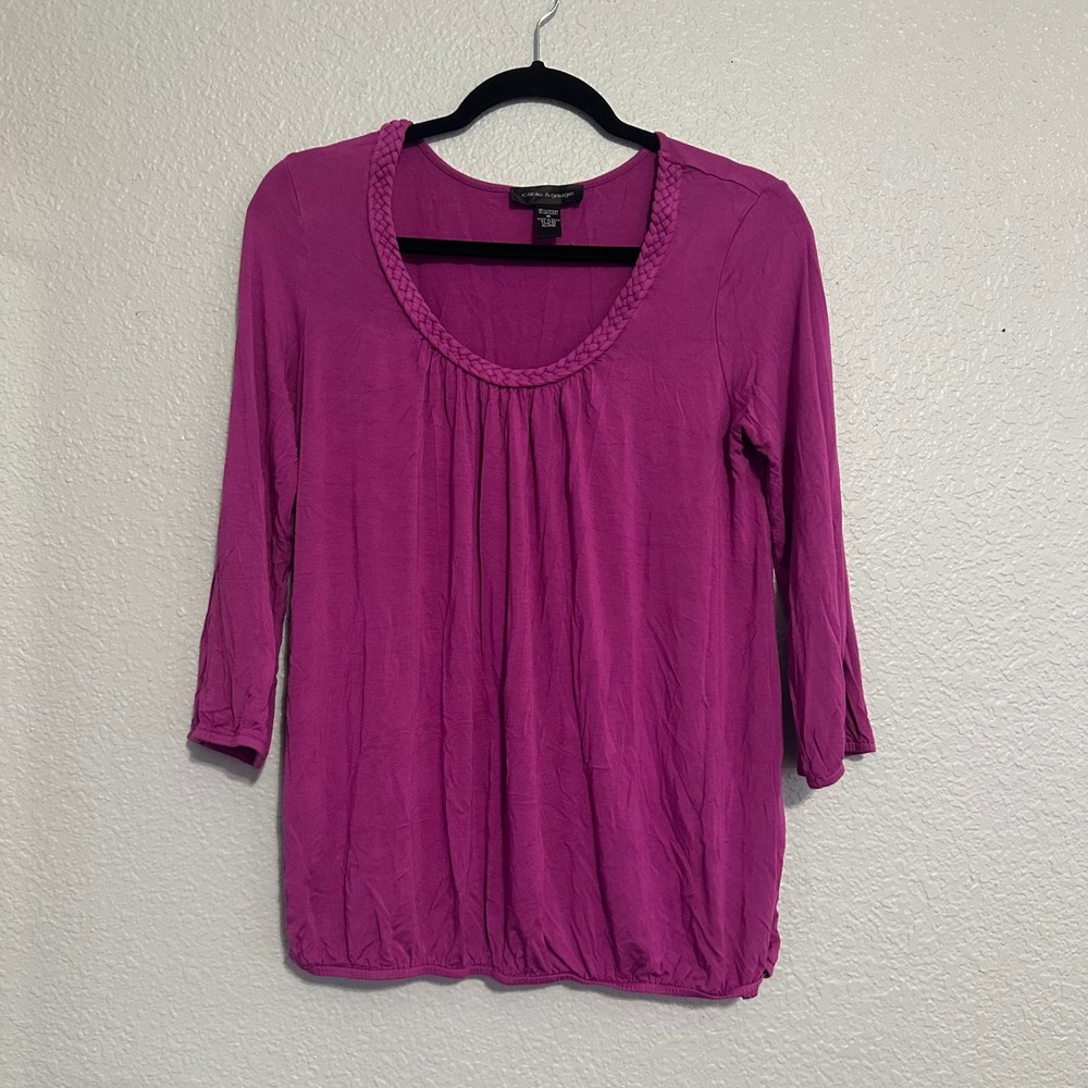 Cable & Gauge Magenta Purple Braided Neck Bubble Hem 3/4 Sleeve Top Medium